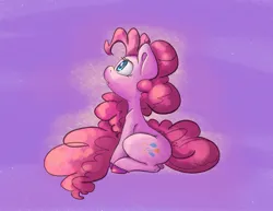 Size: 2048x1582 | Tagged: safe, artist:leadhooves, derpibooru import, pinkie pie, earth pony, pony, female, image, jpeg, long tail, looking up, mare, purple background, simple background, sitting, solo, tail, unshorn fetlocks