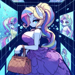 Size: 1024x1024 | Tagged: safe, ai content, derpibooru import, machine learning generated, oc, unofficial characters only, anthro, abstract background, adorasexy, bag, big breasts, breasts, bubble, clothes, curvy, cute, doppelganger, dress, female, handbag, hourglass figure, image, jpeg, large butt, looking at you, not rarity, prompter:horselover fat, purse, sexy, sideboob, surreal, underwater, water, wedding dress