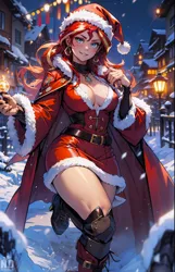 Size: 1530x2375 | Tagged: suggestive, ai content, derpibooru import, machine learning generated, sunset shimmer, human, boots, christmas, clothes, costume, g4, generator:seaart.ai, holiday, humanized, image, png, prompter:neondash, santa costume, shoes, snow
