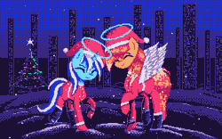 Size: 1920x1200 | Tagged: safe, artist:menalia, derpibooru import, oc, oc:freezy coldres, oc:shiny flames, unofficial characters only, pegasus, pony, animated, boots, christmas, christmas tree, city, clothes, dead, eyes closed, female, gif, gloves, halo, happy, happy new year, hat, holiday, horn, image, lesbian, mare, new year, night, santa hat, shirt, shoes, snow, tree, wings, winter