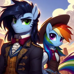 Size: 1024x1024 | Tagged: safe, ai content, derpibooru import, machine learning generated, prompter:*rainbow dash*, rainbow dash, soarin', anthro, alternate hairstyle, clothes, cloud, female, generator:bing image creator, hat, image, jacket, male, png, rock, shipping, sky, soarindash, straight, vest, wild west