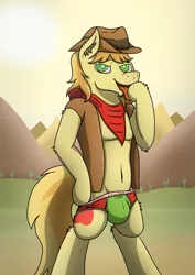 Size: 2732x3868 | Tagged: suggestive, artist:tacomytaco, derpibooru import, braeburn, earth pony, bandana, bedroom eyes, belly button, bipedal, briefs, clothes, crotch bulge, hat, image, looking at you, male, open clothes, png, seductive, solo, solo male, underwear, undressing, vest