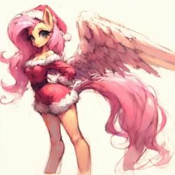 Size: 2048x2048 | Tagged: safe, ai content, derpibooru import, machine learning generated, fluttershy, anthro, pegasus, christmas, clothes, costume, generator:bing image creator, hat, hips, holiday, image, png, santa costume, santa hat, simple background, solo