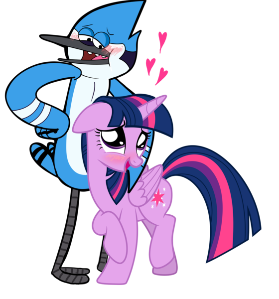 Size: 1550x1662 | Tagged: safe, artist:themomoko, derpibooru import, twilight sparkle, alicorn, bird, blue jay, pony, blushing, crossover, crossover shipping, emanata, female, heart, image, male, mordecai, mordetwi, png, regular show, shipping, simple background, straight, transparent background