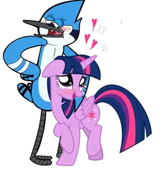 Size: 1550x1662 | Tagged: safe, artist:themomoko, derpibooru import, twilight sparkle, alicorn, bird, blue jay, pony, blushing, crossover, crossover shipping, emanata, female, heart, image, male, mordecai, mordetwi, png, regular show, shipping, simple background, straight, transparent background