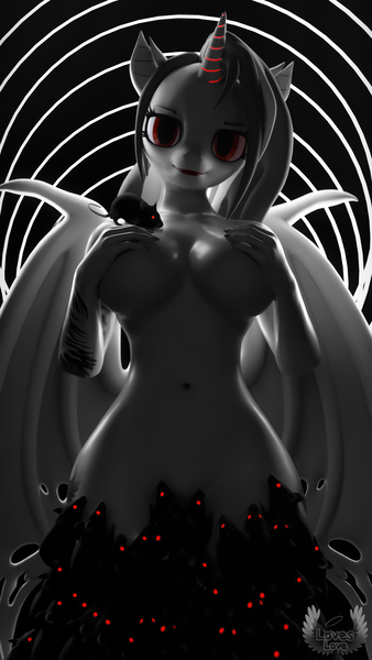 Size: 2160x3840 | Tagged: questionable, artist:loveslove, derpibooru import, oc, oc:lovers, unofficial characters only, anthro, bat pony, bat pony unicorn, hybrid, rat, unicorn, 3d, bat ears, bat pony oc, bat wings, belly button, breasts, busty oc, complete nudity, female, folded wings, glow, glowing eyes, glowing horn, grayscale, high res, horn, image, looking at you, monochrome, nipples, nudity, png, red eyes, solo, solo female, tattoo, wings