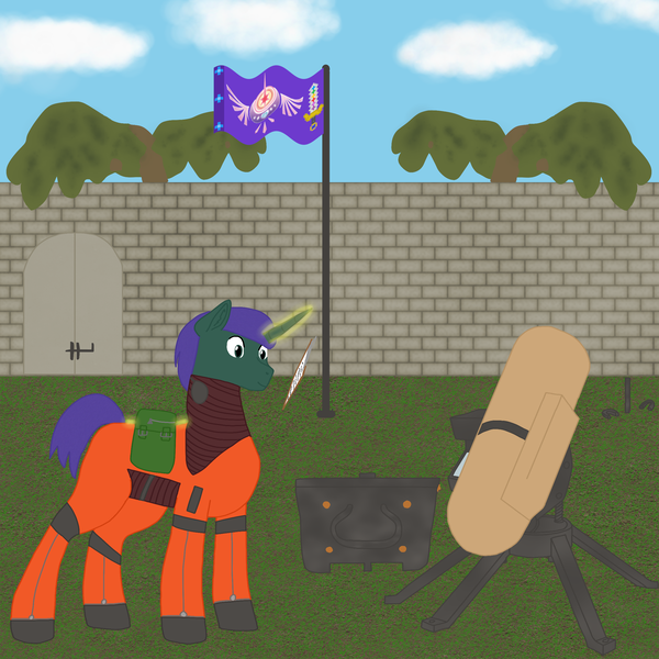 Size: 2400x2400 | Tagged: safe, derpibooru import, oc, oc:harmonious percussion, pony, unicorn, armor, bag, box, brick wall, clipboard, cloud, door, flag, flag pole, fort, green coat, green eyes, horseshoes, image, mortar, png, power armor, purple mane, saddle bag, solo, stone wall, tree