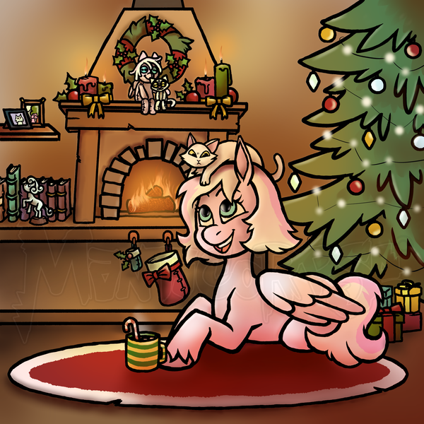 Size: 2000x2000 | Tagged: safe, artist:manticorpse, derpibooru import, oc, cat, pegasus, pony, book, candle, christmas, christmas stocking, christmas tree, christmas wreath, commission, fire, fireplace, hearth, hearth's warming, holiday, holly, image, pet, png, present, secret santa, solo, tree, wreath