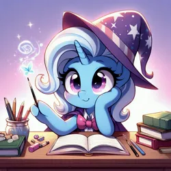 Size: 4096x4096 | Tagged: safe, ai content, derpibooru import, machine learning generated, prompter:dhayi, trixie, pony, unicorn, book, chibi, clothes, cute, g4, generator:bing image creator, hat, image, jpeg, magic, solo, wand, wizard hat