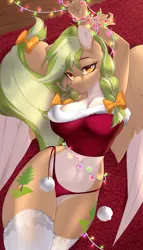 Size: 2428x4258 | Tagged: suggestive, artist:u_lu_lu, derpibooru import, oc, oc:sylvia evergreen, unofficial characters only, anthro, pegasus, bedroom eyes, belly button, big breasts, bikini, braid, braided pigtails, breasts, christmas, christmas lights, christmas outfit, cleavage, clothes, commission, female, freckles, grin, hair tie, high res, holiday, image, lace, looking at you, lying down, midriff, panties, pegasus oc, pigtails, png, red panties, smiling, socks, solo, solo female, stockings, swimsuit, thigh highs, tube top, underwear, wings, ych result