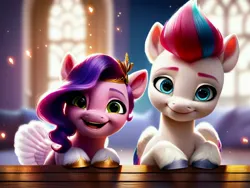 Size: 4096x3072 | Tagged: safe, ai content, derpibooru import, machine learning generated, prompter:kluknawa235, stable diffusion, pipp petals, zipp storm, pegasus, g5, adorapipp, adorazipp, crown, cute, female, generator:pony diffusion v6 xl, generator:purplesmart.ai, image, jewelry, jpeg, looking at you, regalia, royal sisters (g5), siblings, sisters, smiling, table, window, wings