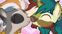 Size: 872x486 | Tagged: safe, artist:kichimina, derpibooru import, oc, unofficial characters only, earth pony, pony, unicorn, animated, beard, braid, colored, couple, cute, ear piercing, earring, earth pony oc, eyebrows, eyelashes, eyes closed, facial hair, female, gif, heart, horn, image, jewelry, long hair, looking at each other, looking at someone, loop, male, mare, multicolored hair, nose wrinkle, perfect loop, piercing, pigtails, shipping, show accurate, simple background, smiling, stallion, unicorn oc