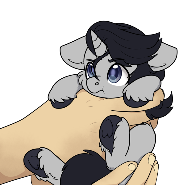 Size: 2197x2223 | Tagged: safe, artist:rokosmith26, derpibooru import, oc, oc:neil davidson, unofficial characters only, alicorn, pony, alicorn oc, blue eyes, cheek fluff, commission, cute, ear fluff, floppy ears, grumpy, hand, holding, holding a pony, hooves, horn, image, light skin, looking up, male, png, simple background, size difference, smol, solo, stallion, tail, tiny, tiny ponies, transparent background, wings, ych result