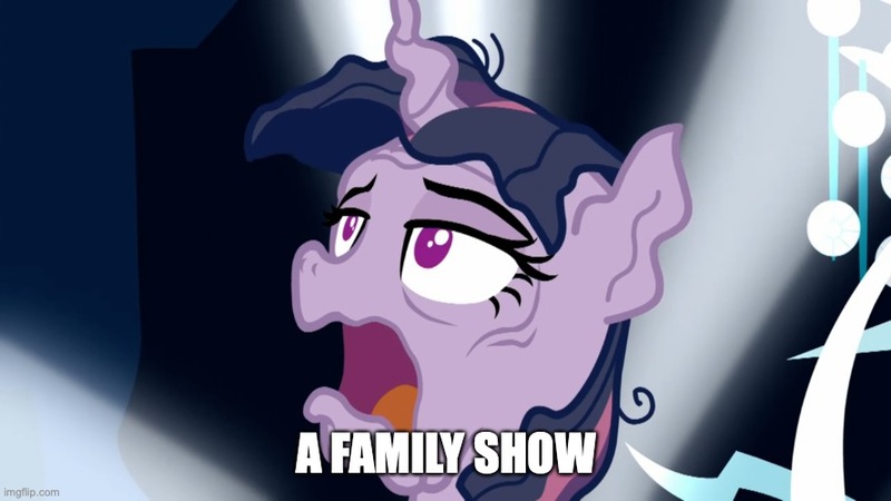 Size: 888x499 | Tagged: safe, derpibooru import, edit, edited screencap, editor:railpony, screencap, mean twilight sparkle, tree of harmony, twilight sparkle, twilight sparkle (alicorn), alicorn, pony, season 8, the mean 6, spoiler:s08, a family picture, a family show, caption, censored, clone, dying, everfree forest, female, g4, image, imgflip, imminent death, imminent fatality, implied fatality, jpeg, male, mare, melting, meme, nightmare fuel, nostalgia critic, open mouth, simple background, solo, text, transformation, transparent background, what were they thinking, you know for kids, you ruined everything