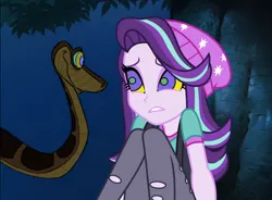 Size: 1280x940 | Tagged: safe, artist:tyriuskishayinew16, derpibooru import, edit, edited screencap, screencap, starlight glimmer, human, snake, equestria girls, duo, female, humanized, hypno eyes, hypnosis, hypnotized, image, jpeg, kaa, kaa eyes, male, scared, sitting, the jungle book