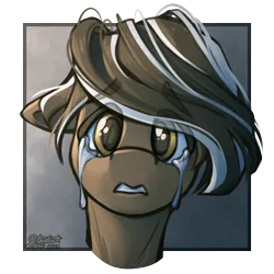 Size: 1500x1500 | Tagged: safe, artist:stardustspix, derpibooru import, oc, oc:caramel, earth pony, pony, colored eyebrows, colored eyelashes, colored pupils, crying, eye clipping through hair, eyebrows, eyebrows visible through hair, floppy ears, frown, gradient background, image, looking at you, male, passepartout, png, sad, solo, stallion, sternocleidomastoid