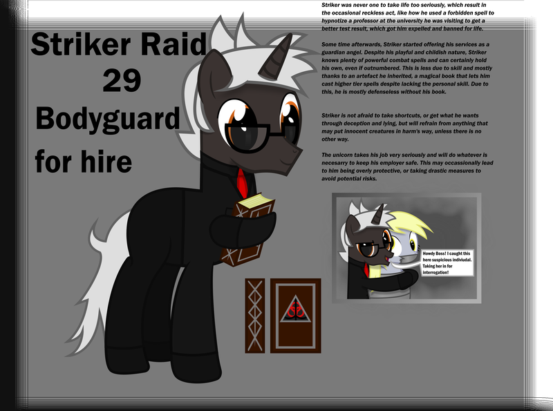 Size: 3000x2230 | Tagged: safe, artist:cardshark777, derpibooru import, derpy hooves, oc, oc:striker raid, pegasus, pony, unicorn, backstory, black suit, bodyguard, bondage, book, clothes, cuddling, dialogue, female, g4, gag, glasses, holding, hoof hold, hoof shoes, horn, hug, image, looking at you, male, mare, necktie, png, reference sheet, shading, shoes, smiling, speech, stallion, standing, suit, talking, tape, tape bondage, tape gag, text, unicorn oc