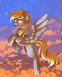 Size: 1133x1398 | Tagged: safe, artist:cheekipone, ponerpics import, derpy hooves, pegasus, pony, cloud, dark, evening, female, flying, image, jpeg, mare, sky, solo, spread wings, starry sky, stars, wings