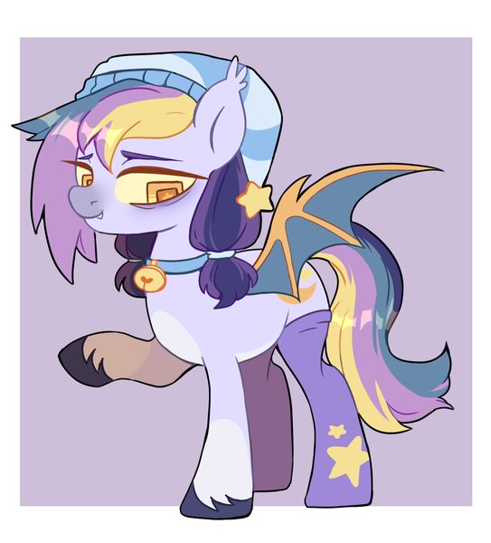 Size: 1628x1800 | Tagged: safe, artist:cheekipone, ponerpics import, oc, oc:lavender dream, unofficial characters only, bat pony, pony, bags under eyes, base used, bat pony oc, bat wings, bell, bell collar, clothes, collar, ear tufts, fangs, female, hat, image, jpeg, looking down, mare, nightcap, raised hoof, simple background, socks, solo, spread wings, standing, stars, thigh highs, unshorn fetlocks, wings