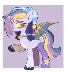 Size: 1628x1800 | Tagged: safe, artist:cheekipone, ponerpics import, oc, oc:lavender dream, unofficial characters only, bat pony, pony, base used, bat pony oc, bat wings, bell, bell collar, clothes, collar, ear tufts, fangs, female, hat, image, jpeg, looking down, mare, nightcap, raised hoof, simple background, socks, solo, spread wings, standing, stars, thigh highs, unshorn fetlocks, wings