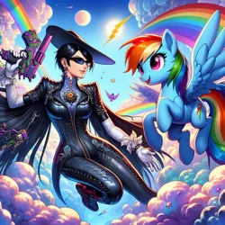 Size: 1024x1024 | Tagged: safe, ai content, artist:user15432, derpibooru import, machine learning generated, rainbow dash, human, pegasus, pony, alternate cutie mark, bayonetta, bayonetta (character), cloud, crossover, flying, generator:bing image creator, gun, hat, image, jpeg, looking at each other, moon, open mouth, open smile, rainbow, rainbows, smiling, stars, sun, umbra witch, weapon, witch, witch hat