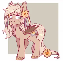 Size: 1210x1169 | Tagged: safe, artist:cheekipone, ponerpics import, oc, oc:ray of sunshine, unofficial characters only, bat pony, pony, bat pony oc, bat wings, ear piercing, ear tufts, earring, female, flower, flower in hair, folded wings, image, jewelry, jpeg, looking down, mare, piercing, ribbon, simple background, solo, standing, sunflower, unshorn fetlocks, wings