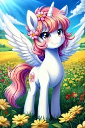 Size: 2048x3072 | Tagged: safe, ai content, derpibooru import, machine learning generated, prompter:dhayi, stable diffusion, sunny starscout, oc, alicorn, pony, g5, :3, cute, cutie mark, flower, flower field, flower in hair, g4, image, jpeg, solo, spread wings, wings