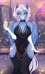 Size: 1872x3100 | Tagged: safe, artist:munrei, derpibooru import, oc, oc:icy heart, unofficial characters only, anthro, alcohol, blue eyes, clothes, commission, dress, drink, female, fireworks, image, png, solo, solo female, wings