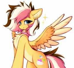 Size: 2215x2048 | Tagged: safe, artist:lerkfruitbat, derpibooru import, oc, oc:neapolitan sunrise, pegasus, pony, chest fluff, collar, commission, ear fluff, female, halfbody, image, jpeg, simple background, solo, spread wings, white background, wings