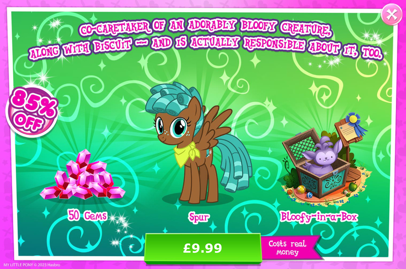 Size: 1962x1300 | Tagged: safe, derpibooru import, official, bloofy, spur, pegasus, pony, advertisement, apple, ball, bush, costs real money, english, female, food, freckles, g4, gameloft, gem, image, jpeg, mare, mobile game, my little pony: magic princess, neckerchief, numbers, sale, solo, solo focus, spread wings, text, wings