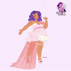 Size: 2048x2048 | Tagged: safe, artist:cryweas, derpibooru import, pipp petals, human, pegasus, pony, g5, anklet, bracelet, choker, chubby, clothes, crown, dress, eyeshadow, feet, female, grin, high heels, humanized, image, jewelry, jpeg, lipstick, makeup, mare, microphone, nail polish, one eye closed, regalia, sandals, see-through, shoes, skirt, smiling, solo, sweat, sweatdrop, tan lines, tan skin, wink
