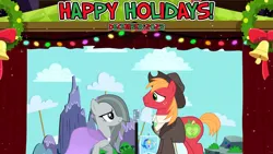 Size: 2063x1160 | Tagged: safe, artist:cartoonlover826, artist:not-yet-a-brony, artist:sonofaskywalker, derpibooru import, big macintosh, marble pie, earth pony, pony, 2023, bittersweet, christmas, clothes, december, decoration, dress, duet, duo, female, friends, friendship, happy holidays, hearth's warming, heartwarming, holiday, honorary cousin, i wish you love, image, implied sugarmac, just friends, looking at each other, looking at someone, lyrics in the description, male, mare, microphone, microphone stand, not shipping, performance, platonic, png, ship sinking, shirt, singing, smiling, smiling at each other, song in the description, stage, stallion, youtube link in the description