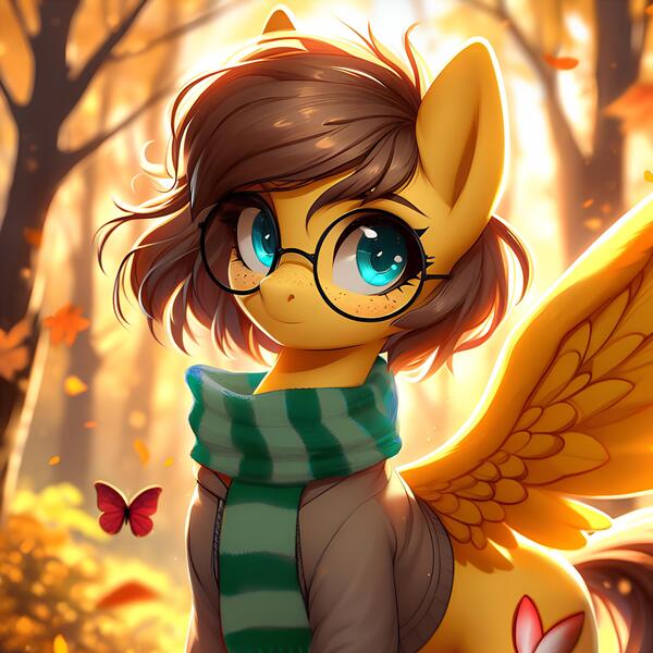 Size: 3048x3048 | Tagged: prompter needed, safe, ai content, derpibooru import, machine learning generated, oc, oc:yuris, unofficial characters only, pegasus, pony, autumn, clothes, derpibooru exclusive, ears up, female, forest, glasses, harry potter (series), image, jpeg, looking at you, nature, scarf, slytherin, solo, tree