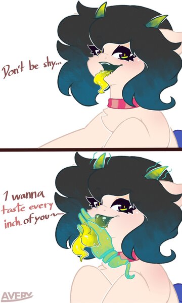 Size: 2403x4000 | Tagged: suggestive, artist:avery-valentine, derpibooru import, oc, bat pony, pony, 2 panel comic, bat pony oc, bat wings, blushing, comic, dialogue, glow, glowing horn, horn, image, jpeg, looking at you, smiling, smiling at you, text, tongue out, tongue play, wings