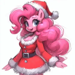 Size: 2048x2048 | Tagged: safe, ai content, derpibooru import, machine learning generated, prompter:krivovyaz, pinkie pie, anthro, earth pony, christmas, clothes, costume, g4, generator:bing image creator, hat, holiday, image, open mouth, png, santa costume, santa hat, simple background, solo, white background