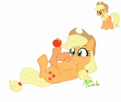 Size: 2048x1723 | Tagged: safe, artist:petaltwinkle, derpibooru import, applejack, earth pony, pony, apple, cute, female, food, g4, image, jackabetes, jpeg, lying down, mare, on back, signature, simple background, smiling, solo, white background