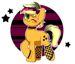 Size: 3651x3112 | Tagged: safe, artist:kittyrosie, derpibooru import, applejack, earth pony, pony, alternate hairstyle, bow, choker, cute, ear piercing, earring, eyebrow piercing, eyeshadow, female, fishnets, goth, hair bow, image, jackabetes, jewelry, lip piercing, makeup, mare, one eye closed, piercing, png, snake bites, solo, tattoo, wink, wristband