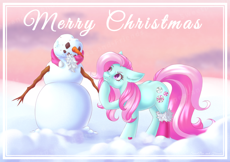 Size: 2480x1748 | Tagged: safe, artist:sweetpea-and-friends, derpibooru import, minty, earth pony, a very minty christmas, g3, christmas, eyebrows, holiday, image, merry christmas, png, raised eyebrow, snow, snowman, winter