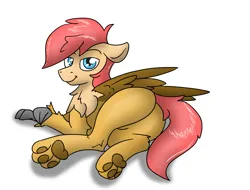 Size: 5119x3899 | Tagged: safe, artist:pzkratzer, derpibooru import, oc, oc:ponygriff, hippogriff, butt, featureless crotch, hippogriff oc, image, looking at you, lying down, male, paws, plot, png, ponygriff, sexy, solo, solo male