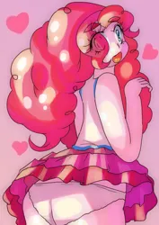 Size: 724x1023 | Tagged: suggestive, artist:araiiara123, derpibooru import, pinkie pie, human, equestria girls, balloonbutt, butt, clothes, eye clipping through hair, image, jpeg, looking at you, looking back, looking back at you, open mouth, open smile, panties, skirt, smiling, solo, underwear, upskirt