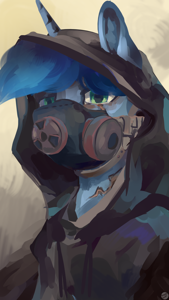 Size: 1440x2560 | Tagged: safe, artist:krapinkaius, derpibooru import, oc, unofficial characters only, pony, unicorn, burn, cape, clothes, gas mask, hood, image, mask, png, radiation, radiation sign, respirator, scar