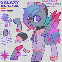 Size: 4096x4096 | Tagged: safe, artist:metaruscarlet, derpibooru import, oc, oc:galaxy (pegasus), pegasus, pony, pony town, baseball cap, bow, cap, choker, clothes, color palette, colored eartips, colored wings, ear piercing, earring, gradient mane, gradient tail, gradient wings, gray background, hat, heterochromia, hoodie, image, jewelry, lesbian pride flag, multicolored wings, nonbinary, nonbinary lesbian, nonbinary pride flag, open mouth, open smile, pegasus oc, piercing, pink eyes, png, pride, pride flag, pronouns, purple eyes, reference sheet, ribbon, shoes, simple background, smiling, socks, spread wings, standing, tail, tail bow, wings