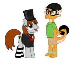 Size: 4152x3446 | Tagged: safe, artist:mr.myoozik, artist:wheatley r.h., derpibooru import, oc, oc:myoozik the dragon, oc:sunray shadow, unofficial characters only, dragon, earth pony, pony, derpibooru community collaboration, 2024 community collab, anklet, beanie, black shirt, bracelet, brown mane, clothes, derpibooru exclusive, dragon oc, earth pony oc, eyes closed, folded wings, glasses, green shirt, grey skin, grin, hat, image, jewelry, male, necklace, non-pony oc, png, shorts, simple background, smiling, socks, stallion, standing, striped socks, tail, toe ring, top hat, transparent background, vector, wings