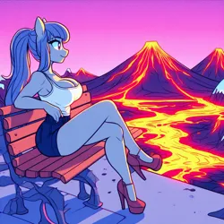 Size: 1024x1024 | Tagged: safe, ai content, derpibooru import, machine learning generated, oc, unofficial characters only, anthro, bench, big breasts, breasts, busty oc, clothes, crossed legs, high heels, huge breasts, image, lava, park bench, png, ponytail, prompter:horselover fat, sexy, shoes, smiling, tanktop, volcano