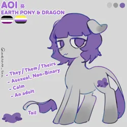 Size: 4096x4096 | Tagged: safe, artist:metaruscarlet, derpibooru import, oc, oc:aoi (dracony), unofficial characters only, dracony, dragon, hybrid, pony, asexual pride flag, colored eartips, cute, cute little fangs, dracony oc, dragon tail, fangs, floppy ears, gradient legs, gray background, image, japanese, kanji, leonine tail, moon runes, nonbinary, nonbinary pride flag, not maud pie, png, pride, pride flag, pronouns, purple eyes, reference sheet, simple background, standing, tail