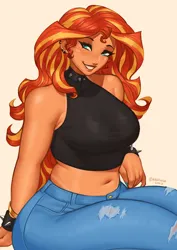 Size: 1754x2480 | Tagged: safe, artist:nire, derpibooru import, sunset shimmer, human, equestria girls, bare shoulders, belly button, bracelet, breasts, busty sunset shimmer, choker, clothes, denim, ear piercing, earring, eyeshadow, freckles, image, jeans, jewelry, looking at you, makeup, nail polish, pants, peppered bacon, piercing, png, sitting, smiling, smiling at you, spiked choker, spiked wristband, tan lines, tanned, torn clothes, wristband