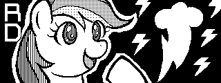 Size: 320x120 | Tagged: safe, artist:nukoclub, derpibooru import, rainbow dash, pegasus, pony, black and white, black background, cutie mark, dithering, female, grayscale, image, mare, miiverse, monochrome, oekaki, open mouth, open smile, png, rainbow dash's cutie mark, raised hoof, simple background, smiling, solo, text