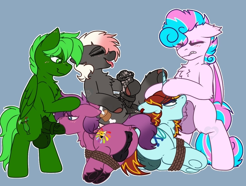 Size: 1319x998 | Tagged: explicit, artist:bluemoon, derpibooru import, oc, oc:exodust, oc:melon liqueur, oc:sweetie swirl, unofficial characters only, bat pony, earth pony, pegasus, pony, unicorn, anus, backsack, balls, bat pony oc, bat wings, big balls, big penis, blowjob, blushing, bondage, bound legs, commission, deepthroat, dock, ear blush, ear piercing, earring, earth pony oc, eyeshadow, femboy, gay, gradient mane, group sex, horn, horsecock, huge balls, huge penis, image, jewelry, jpeg, makeup, male, masturbation, medial ring, mottled genitals, multiple blowjob, nudity, oral, pegasus oc, penis, piercing, ponut, rope, rope bondage, sex, simple background, stallion, striped mane, tail, throat bulge, tied up, tongue out, underhoof, unicorn oc, wings, ych result