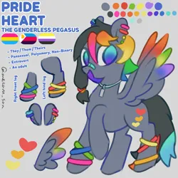 Size: 4096x4096 | Tagged: safe, artist:metaruscarlet, derpibooru import, oc, oc:pride heart, pegasus, pony, anklet, bandaid, ear piercing, earring, genderless, gray background, image, jewelry, leg band, necklace, nonbinary, nonbinary pride flag, pansexual pride flag, pegasus oc, piercing, png, polyamory pride flag, pride, pride flag, pronouns, raised hoof, reference sheet, simple background, solo, spread wings, standing, wings, wristband