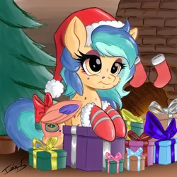 Size: 2500x2500 | Tagged: safe, artist:memprices, derpibooru import, oc, oc:autumn dew, art trade, chimney, christmas, christmas stocking, christmas tree, clothes, digital art, hat, high res, holiday, image, pencil drawing, png, ponysona, present, santa hat, secret santa, socks, traditional art, tree